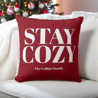 Red Stay Cosy Festive Typography White Family Name Cushion