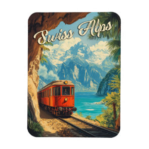 Red Steam Locomotive Souvenir: Vintage Swiss Alps  Magnet