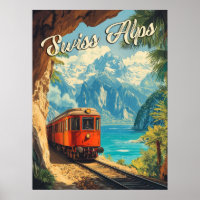 Red Steam Locomotive Souvenir: Vintage Swiss Alps
