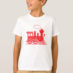 Red steam locomotive train on light t-shirt