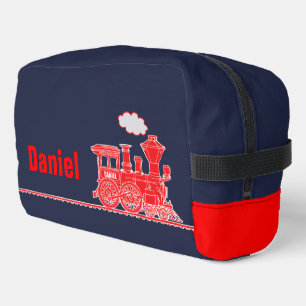 Red steam train kids named travel dopp kit