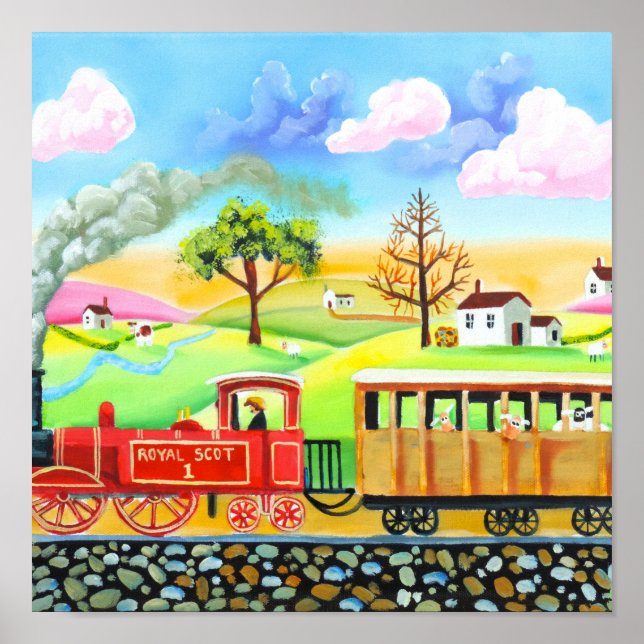 Red steam train naive folk art painting poster (Front)