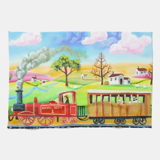 Red steam train naive folk art painting tea towel (Horizontal)