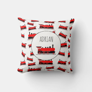 Red Steam Train Pattern Customised Name Cushion