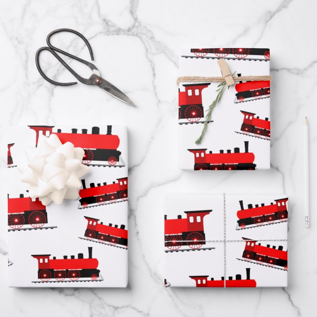 Red Steam Train Pattern Wrapping Paper Sheet (Front)