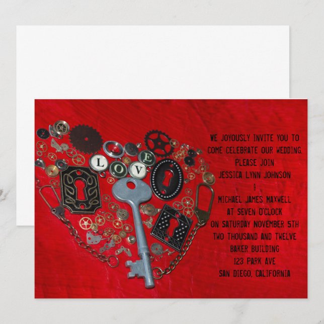 Red Steampunk Heart Wedding Invitation (Front/Back)