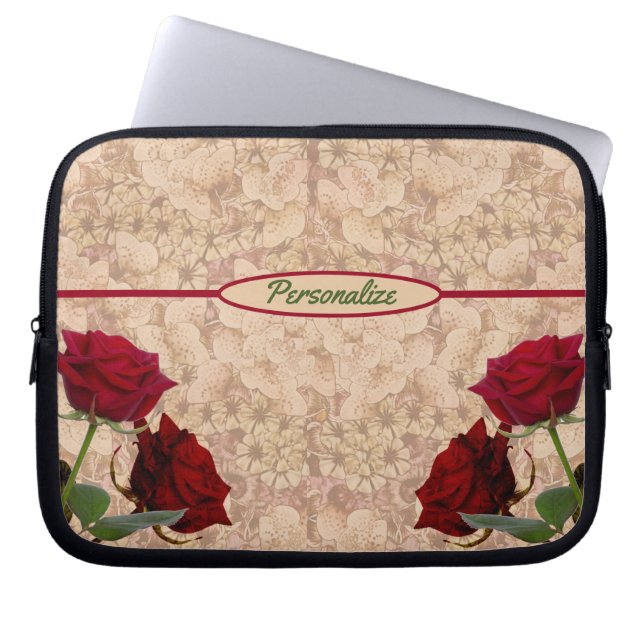Red Stem Roses Romantic Personalise Laptop Sleeve (Front)