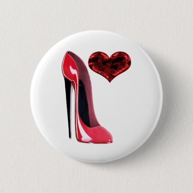 Red Stiletto Shoe and 3D Heart design 6 Cm Round Badge (Front)