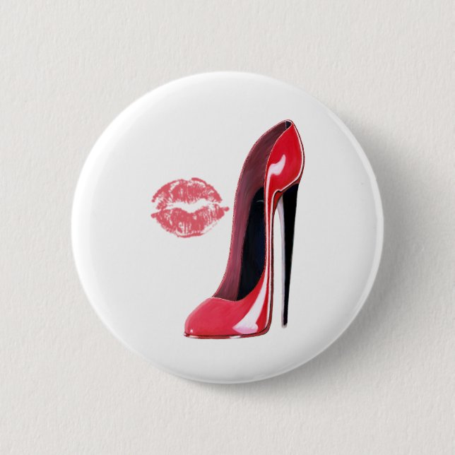 Red Stiletto Shoe and Kiss 6 Cm Round Badge (Front)