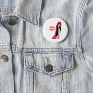 Red Stiletto Shoe and Kiss 6 Cm Round Badge