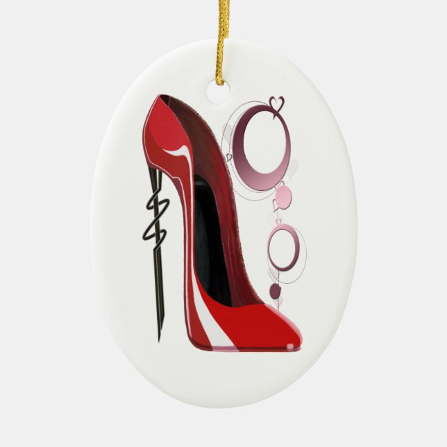 Red Stiletto Shoe Art and Bangles Ceramic Tree Decoration (Front)