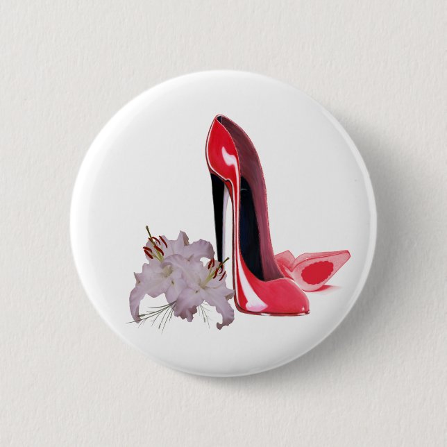 Red Stiletto Shoes and Lilies 6 Cm Round Badge (Front)