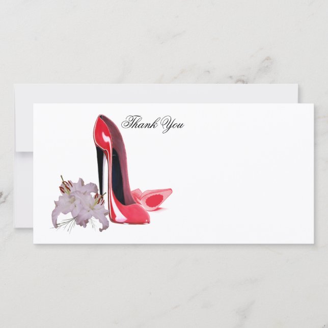 Red Stiletto Shoes and Lilies Thank You Photo Card (Front)