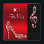 Red Stiletto & Treble Cleft 40th Birthday Invitation<br><div class="desc">Women's personalised, elegant custom 40th Birthday cards with glitz and glamour. Woman's beautiful red and black double sided Birthday invitation with a stunning glamourous printed image rhinestones, glitter, sequins, diamonds bling jewels sparkle high heels stilettos fashion shoe, and glittery silver and red treble cleft on a black and red gradient...</div>
