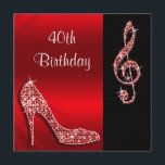Red Stiletto & Treble Cleft 40th Birthday Invitation<br><div class="desc">Women's personalised, elegant custom 40th Birthday cards with glitz and glamour. Woman's beautiful red and black double sided Birthday invitation with a stunning glamourous printed image rhinestones, glitter, sequins, diamonds bling jewels sparkle high heels stilettos fashion shoe, and glittery silver and red treble cleft on a black and red gradient...</div>