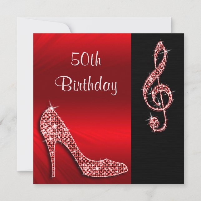 Red Stiletto & Treble Cleft 50th Birthday Invitation (Front)