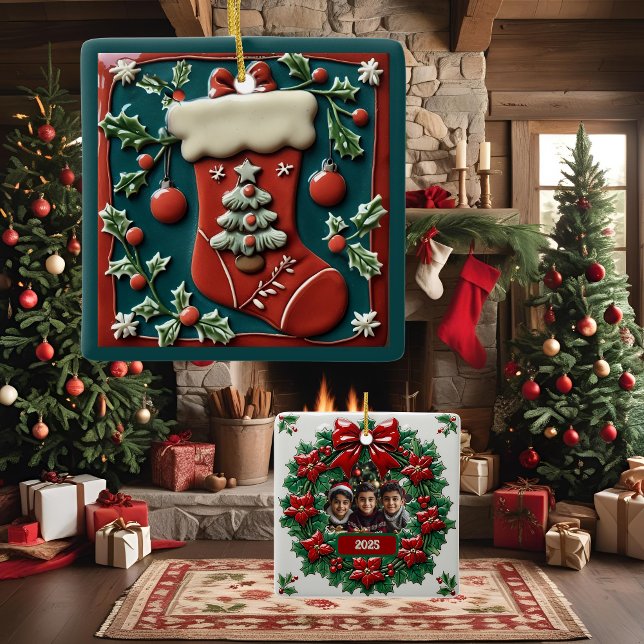 Red Stocking Christmas Customisable  Ceramic Ornament (Creator Uploaded)