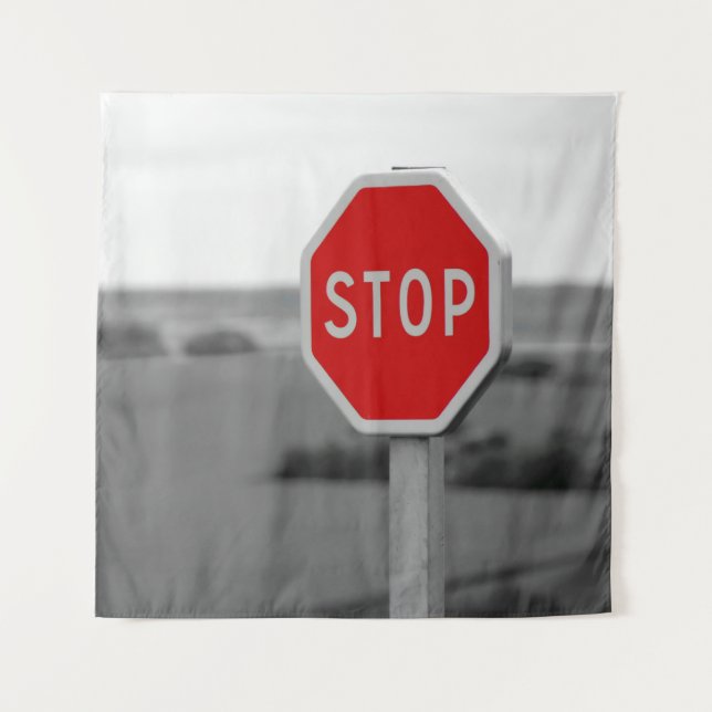 Red Stop Road Sign Minimalist Photography Tapestry (Front)