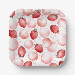 Red Strawberries and Pink Balloons Elegant Cute Paper Plate