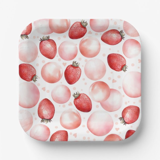 Red Strawberries and Pink Balloons Elegant Cute Paper Plate (Front)