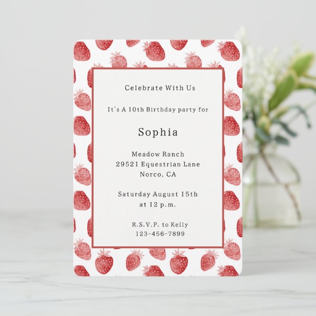 Red Strawberries Birthday Invitation (Standing Front)