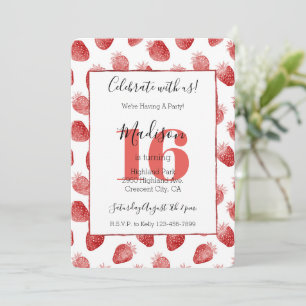 Red Strawberries Fruit 16th Birthday Invitation