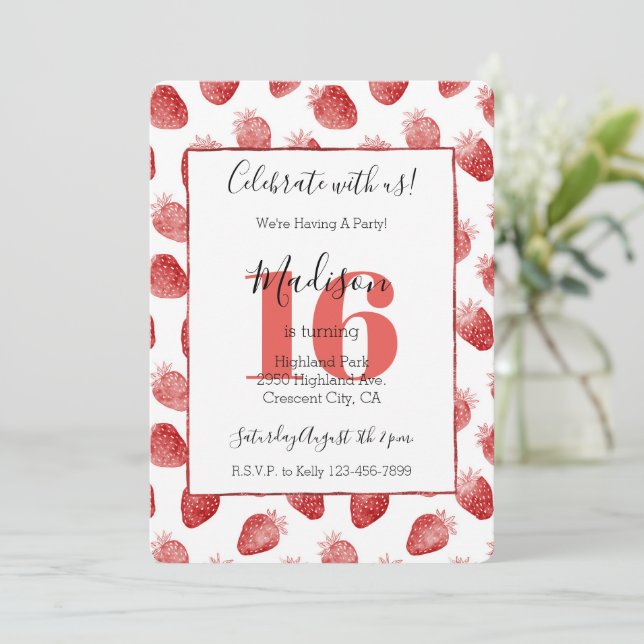 Red Strawberries Fruit 16th Birthday Invitation (Standing Front)