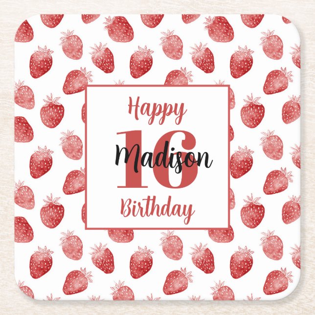 Red Strawberries Fruit 16th Birthday Square Paper Coaster (Front)