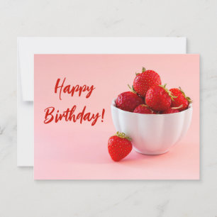 Red Strawberries In A Bowl On Pink Happy Birthday Postcard