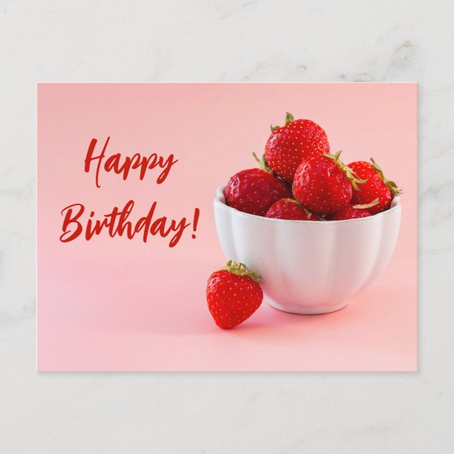 Red Strawberries In A Bowl On Pink Happy Birthday Postcard (Front)