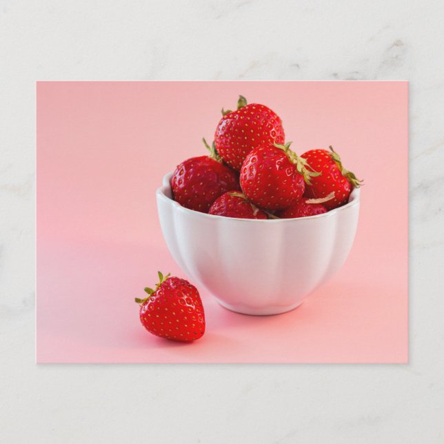 Red Strawberries In A White Bowl On Blush Pink Postcard (Front)