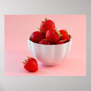 Red Strawberries In White Bowl On Pink Photo Poster