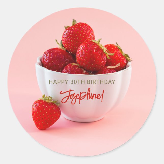 Red Strawberries Photo On Pink Happy Birthday Classic Round Sticker (Front)