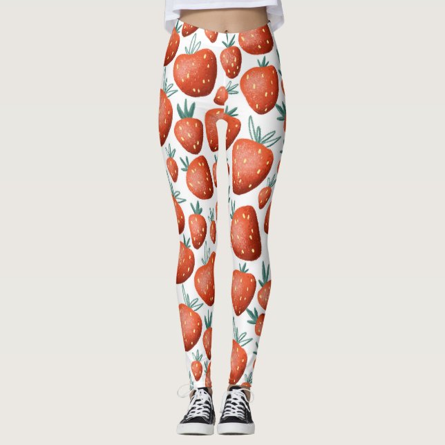 Red Strawberries White Background Seamless Leggings (Front)