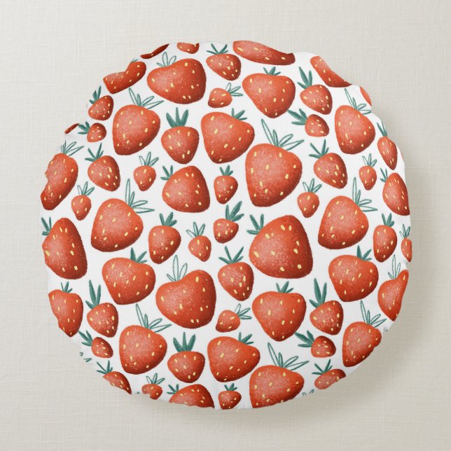 Red Strawberries White Background Seamless Round Cushion (Front)