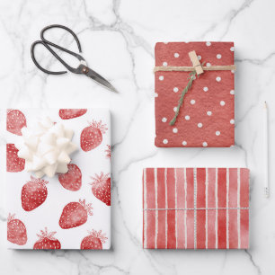 Red Strawberries White Dots Stripes Birthday Wrapping Paper Sheet
