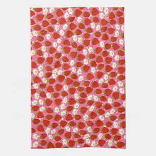 Red Strawberries with Pink White Dots Background Tea Towel