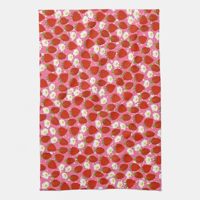 Red Strawberries with Pink White Dots Background Tea Towel (Vertical)