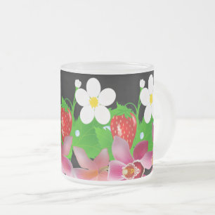 Red Strawberries with White Orchids & Pink Flowers Frosted Glass Coffee Mug