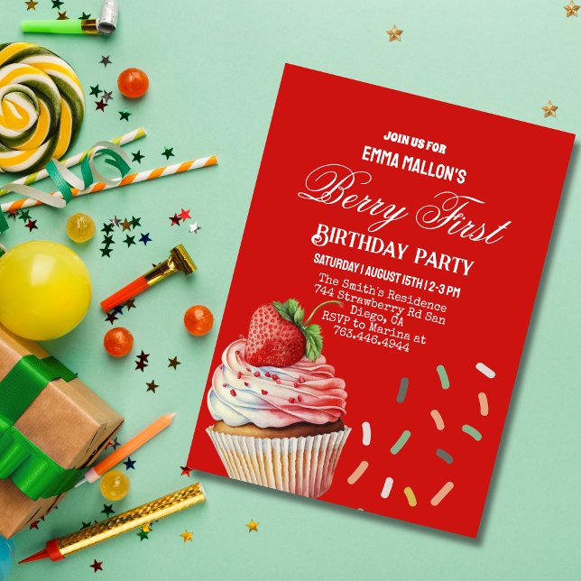 Red Strawberry 1st Birthday Berry First Invitation (Creator Uploaded)