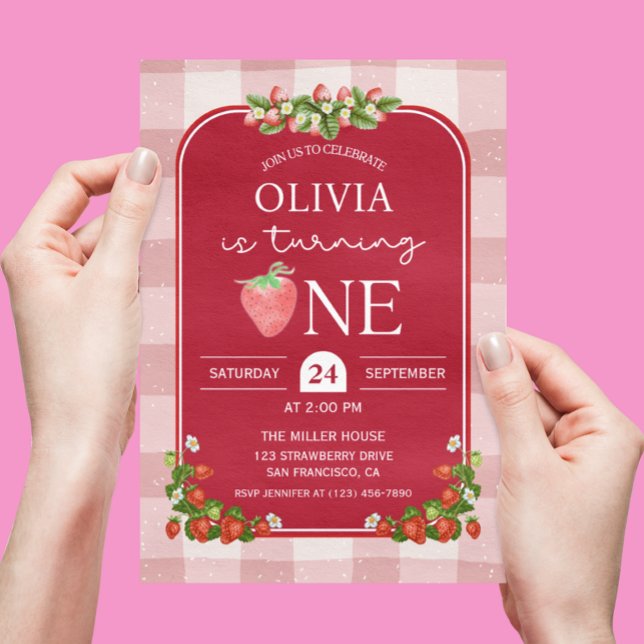 Red Strawberry 1st Birthday Girl Party Invitation (Red Strawberry 1st birthday invitation)