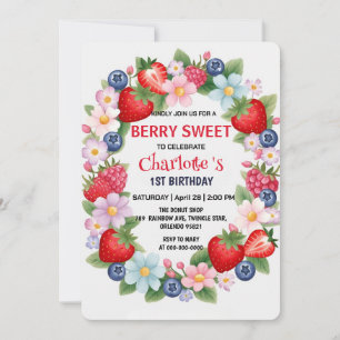 RED Strawberry 1st Birthday Party for kids Invitation