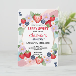 RED Strawberry 1st Birthday Party  Invitation