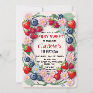 RED Strawberry 1st Birthday Party  Invitation