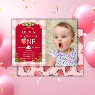 Red Strawberry 1st Birthday Photo Girl Party Invitation