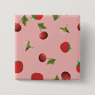 Red Strawberry and Cherry Pattern Pink Fruit 15 Cm Square Badge