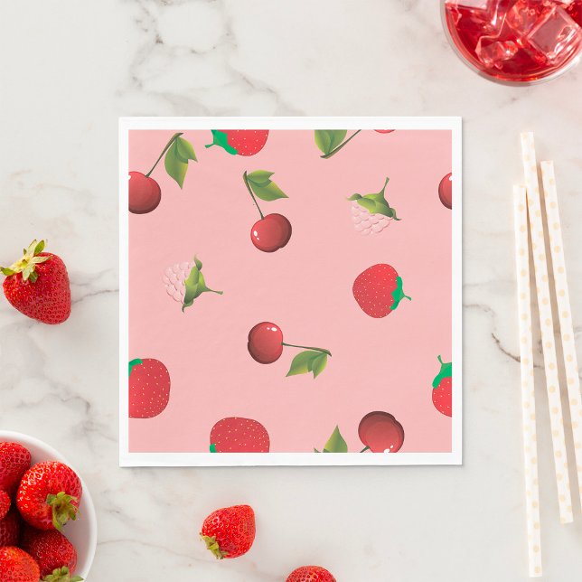 Red Strawberry and Cherry Pattern Pink Fruit Napkin (Creator Uploaded)