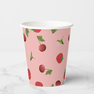 Red Strawberry and Cherry Pattern Pink Fruit Paper Cups