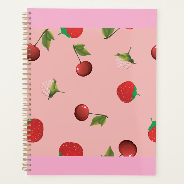 Red Strawberry and Cherry Pattern Pink Fruit Planner (Front)