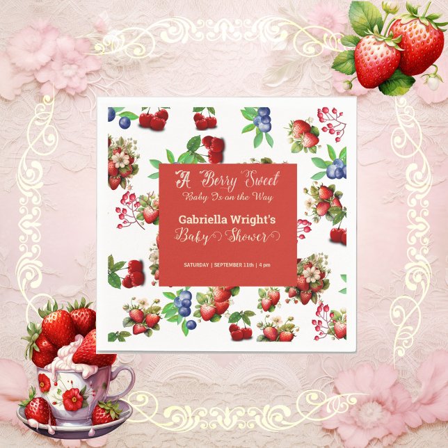 Red Strawberry Baby Shower | Blue Berry Sweet Cute Napkin (Red Strawberry Baby Shower | Blue Berry Sweet Cute Napkins)